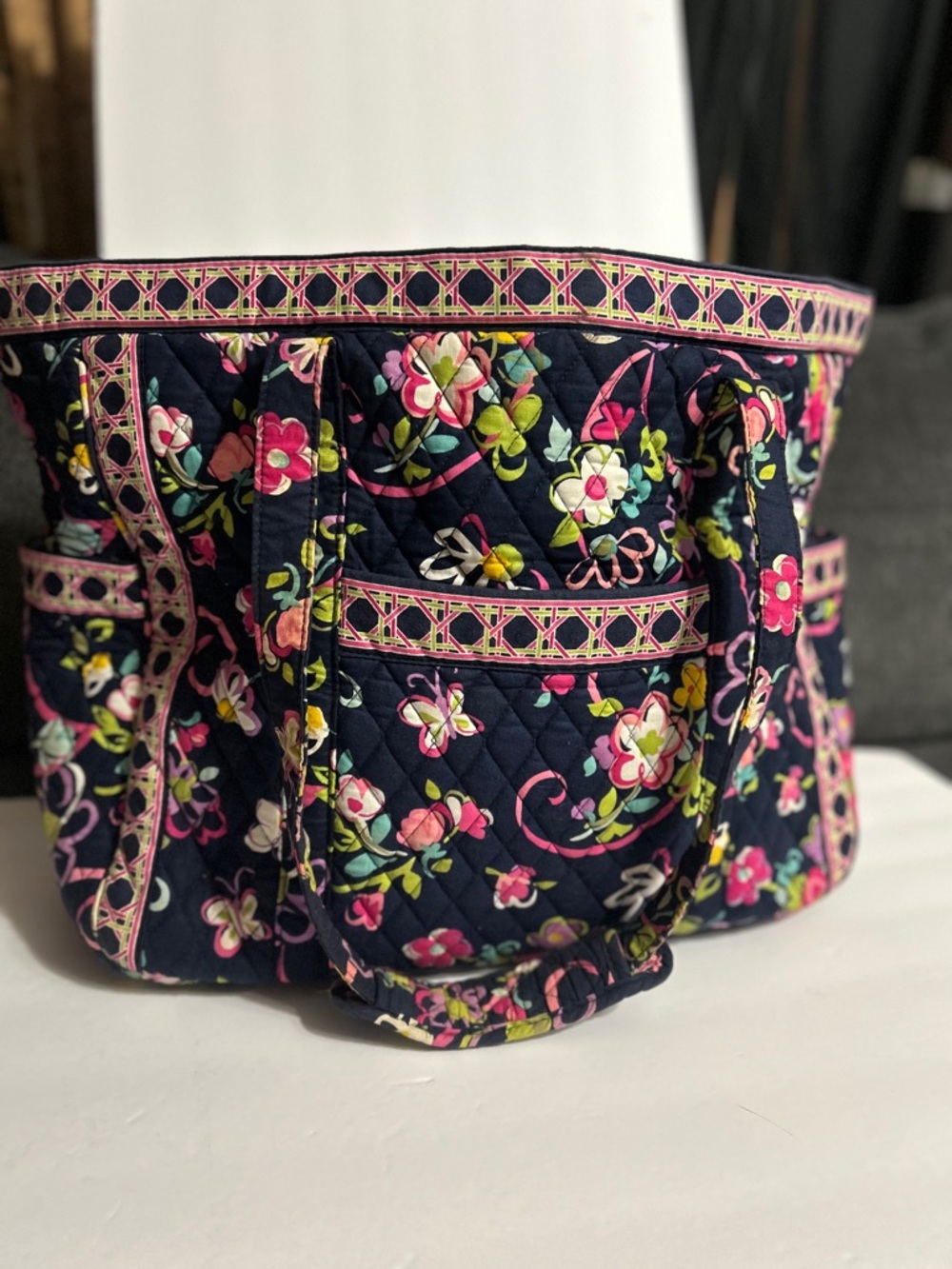 Vera Bradley Navy Quilted Floral Tote with Pink & Green Accents